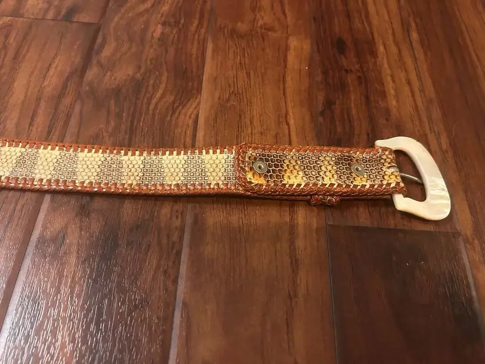 Vintage Snakeskin Pattern Woven Leather Belt with Mother of Pearl Style Buckle